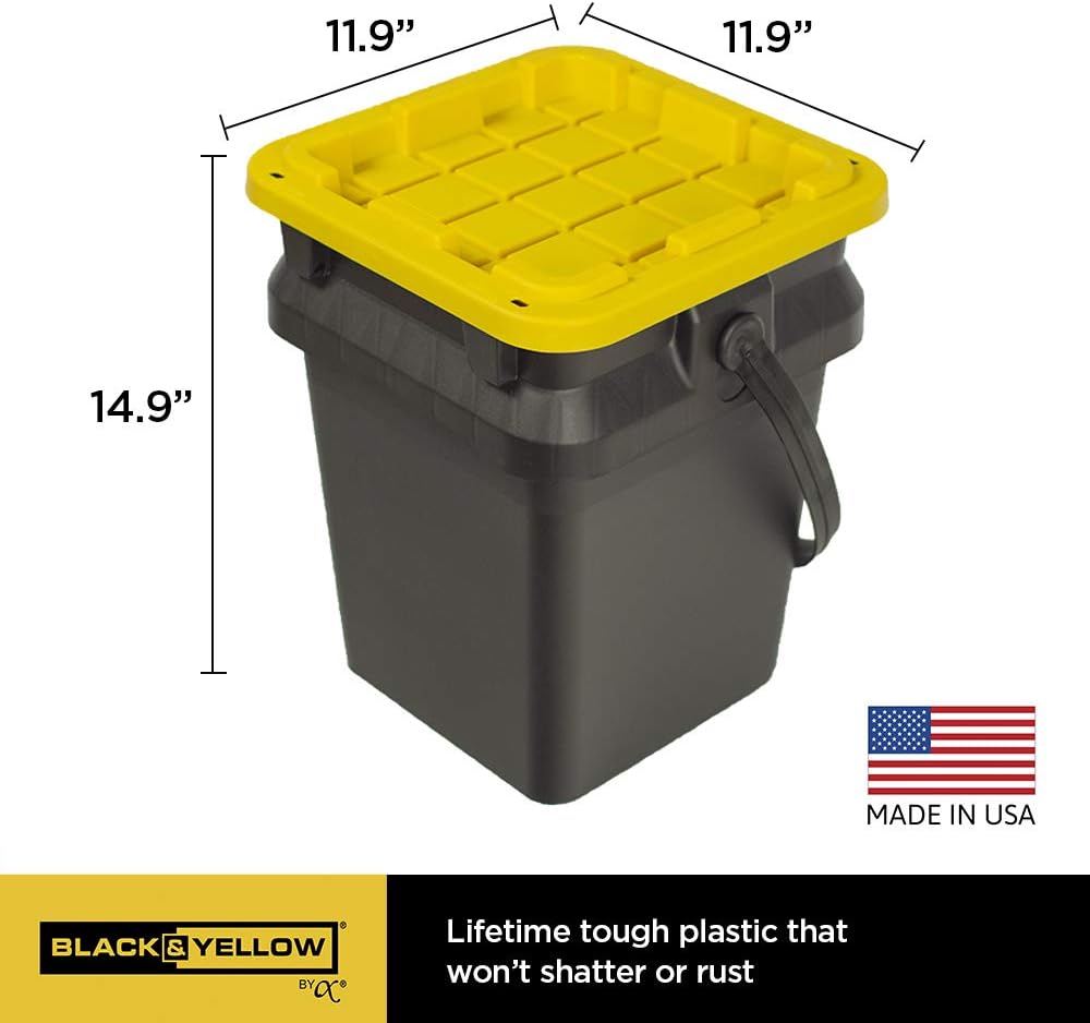 CX BLACK & YELLOW, 5-Gallon Heavy Duty Bucket Tough Storage Container & Snap-Tight Lid, (14.9"H x 12"W x 13"D), Weather-Resistant Design and Stackable Organization Tote [6 Pack]