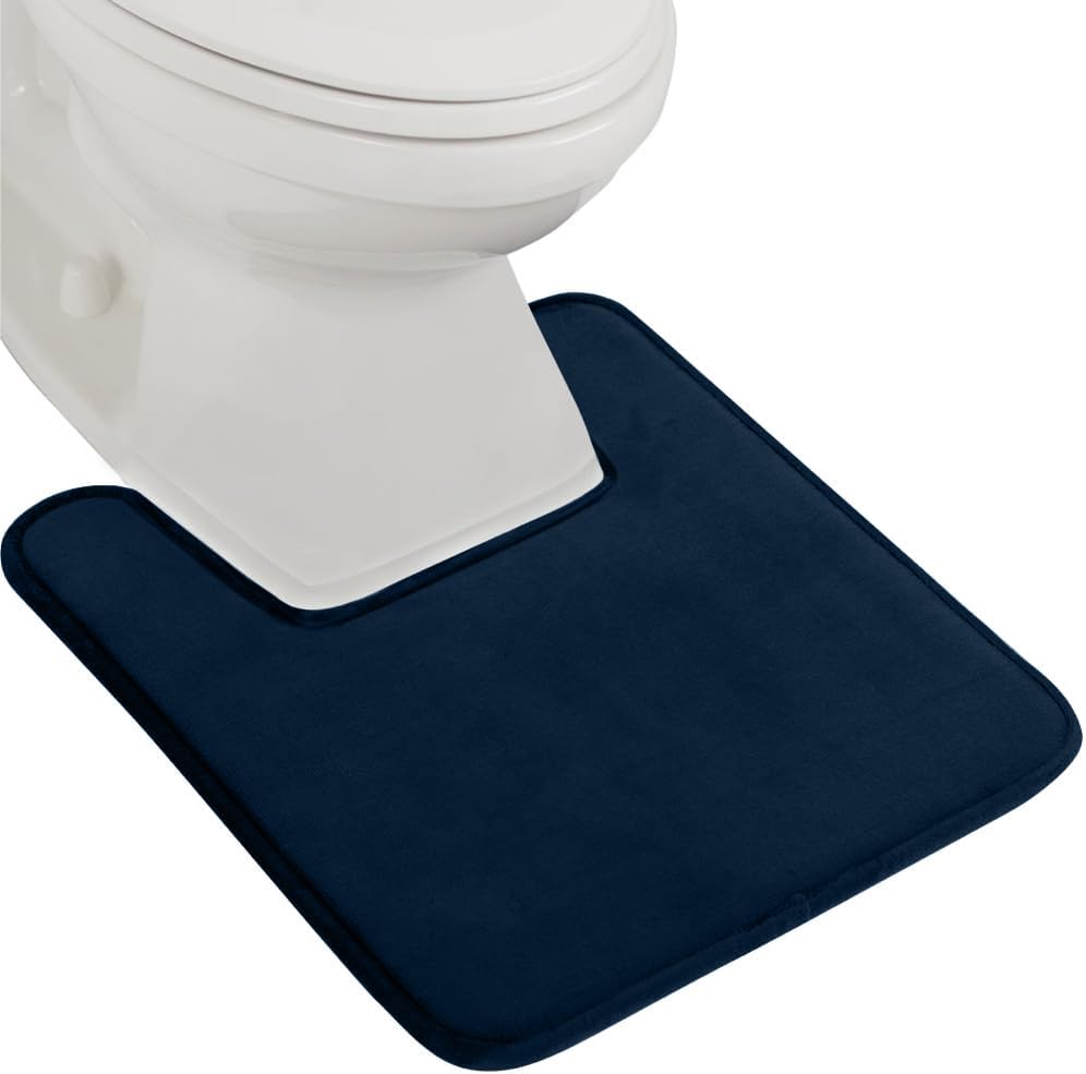 GORILLA GRIP Thick Memory Foam Toilet Rug for Bathroom, Square Shaped Washable, Soft Absorbent Velvet Topside Floor Mats, Machine Wash, Cushioned Luxury Rugs for Bath Room, 22.5x19.5 Navy Blue