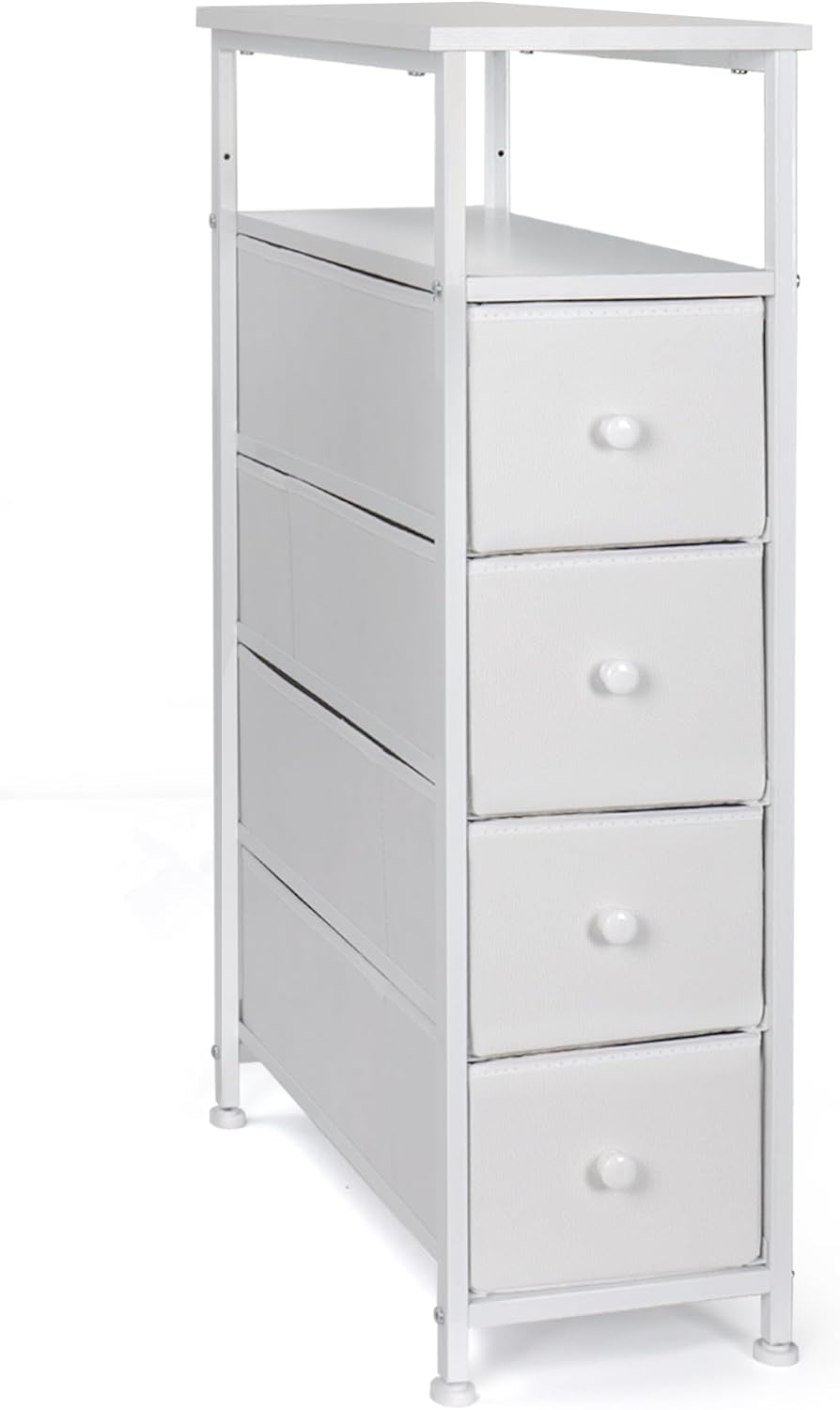 Narrow Dresser for Bedroom, Fabric Tall Dresser & Chests of Drawers with 4 Drawers, Vertical Organizer Storage Tower Unit for Bedroom, Hallway, Entryway White