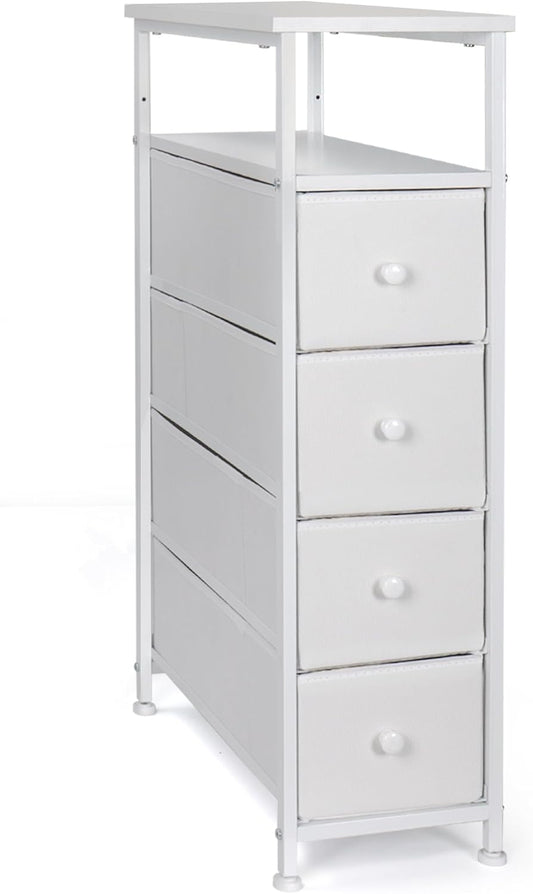 Narrow Dresser for Bedroom, Fabric Tall Dresser & Chests of Drawers with 4 Drawers, Vertical Organizer Storage Tower Unit for Bedroom, Hallway, Entryway White