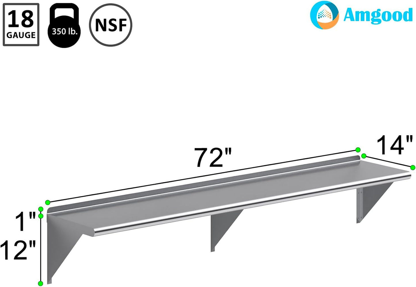 AmGood 72" Long X 14" Deep Stainless Steel Wall Shelf | NSF Certified | Appliance & Equipment Metal Shelving | Kitchen, Restaurant, Garage, Laundry, Utility Room