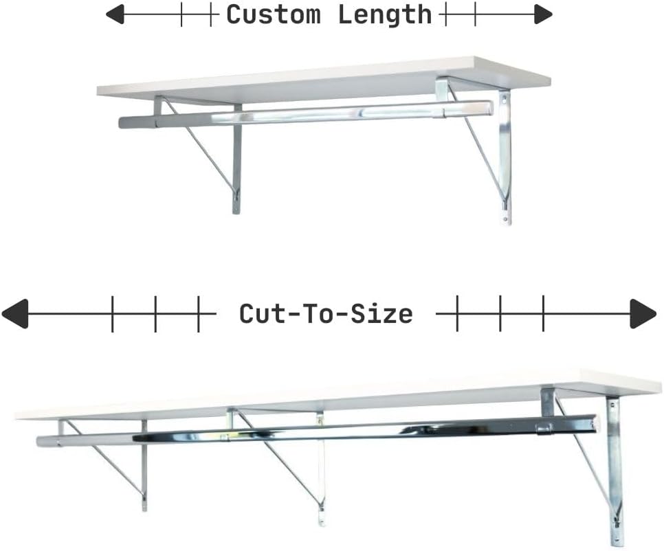 Custom Cut-to-Size Premium Wall-Mounted Shelf with Rod and Bracket Kit. 3/4" Thick Shelves, 14 inches deep. Customize The Length from 16" up to 72".