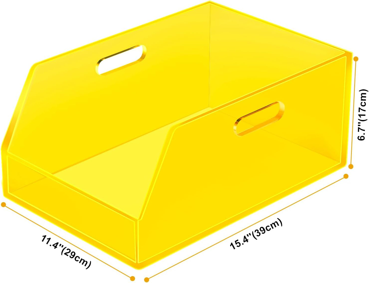 Stackable Large Storage Bin Organizer with Handles Acrylic Storage Container for Toy Pantry Kitchen Cabinet Bathroom Closet Office Organization, 15.4x11.4x6.7'', Neon Yellow