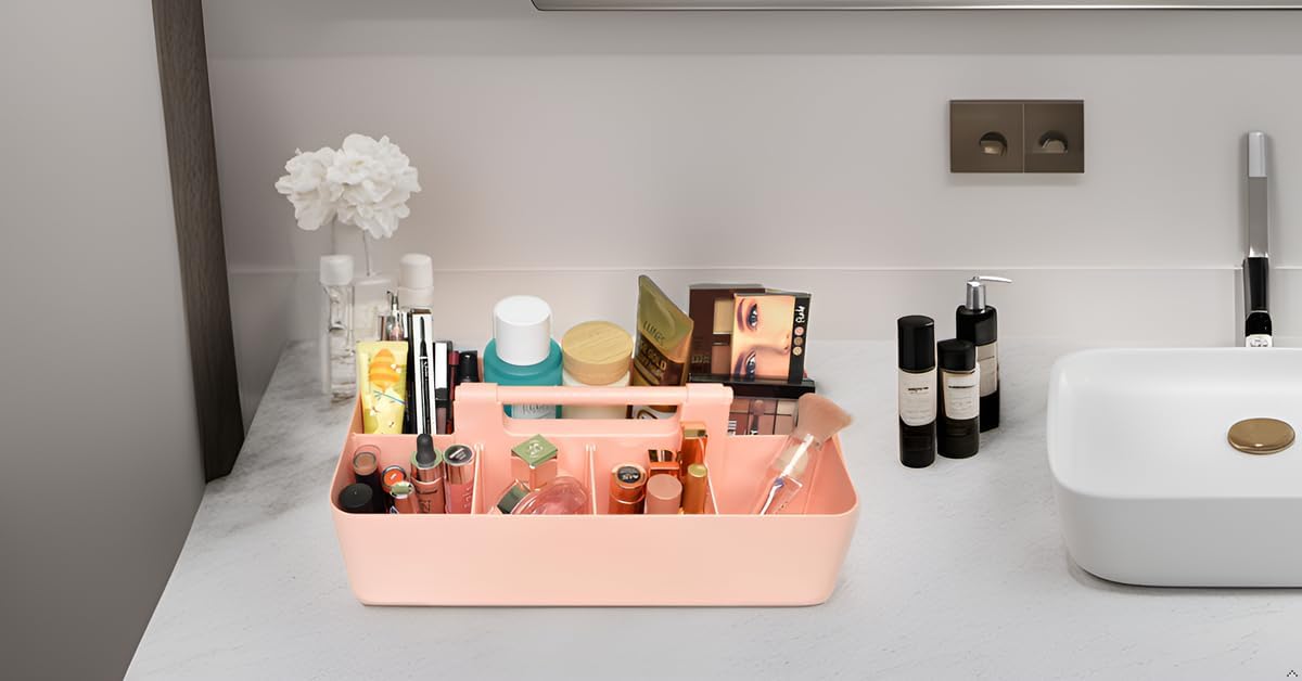 Portable Caddy - Stackable Plastic Organizer with Handle | Desk, Makeup, Dorm, Classroom Art Organizer (Made In Usa) (Indie Pink/Lavender)