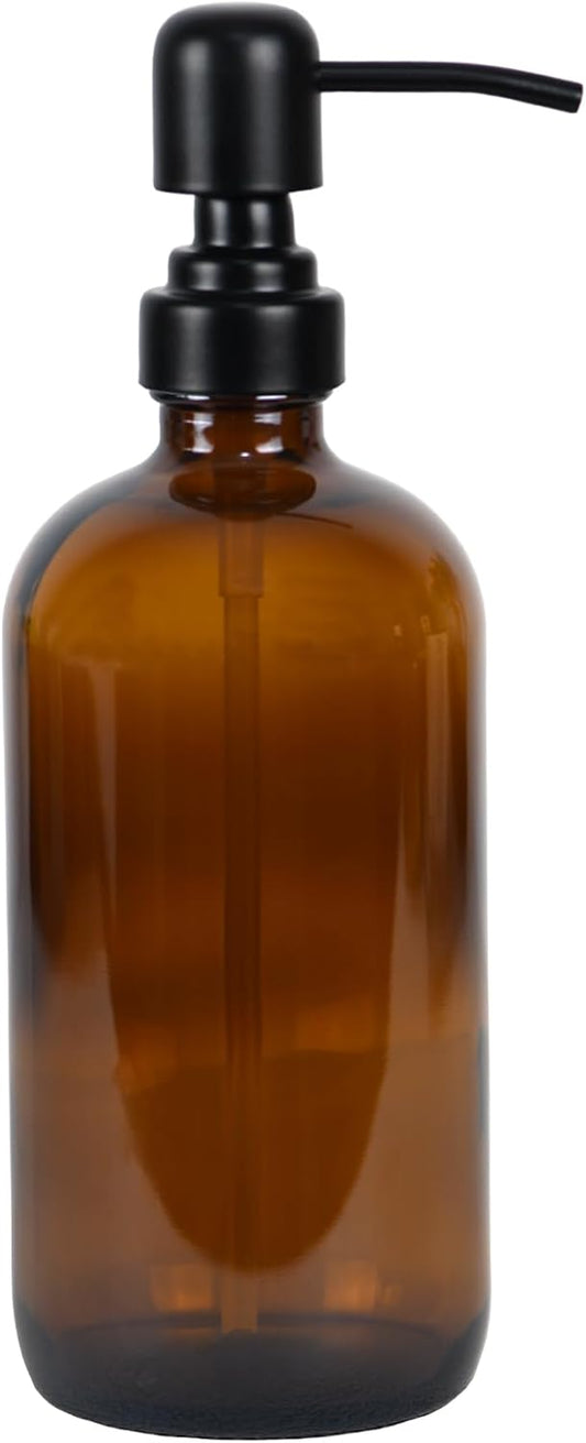 16 oz Refillable Glass Soap Dispenser with Black Rustproof Stainless Steel Pump, Glass Soap Dispenser for Hand Soap, Lotion, for Kitchen and Bathroom (Amber)