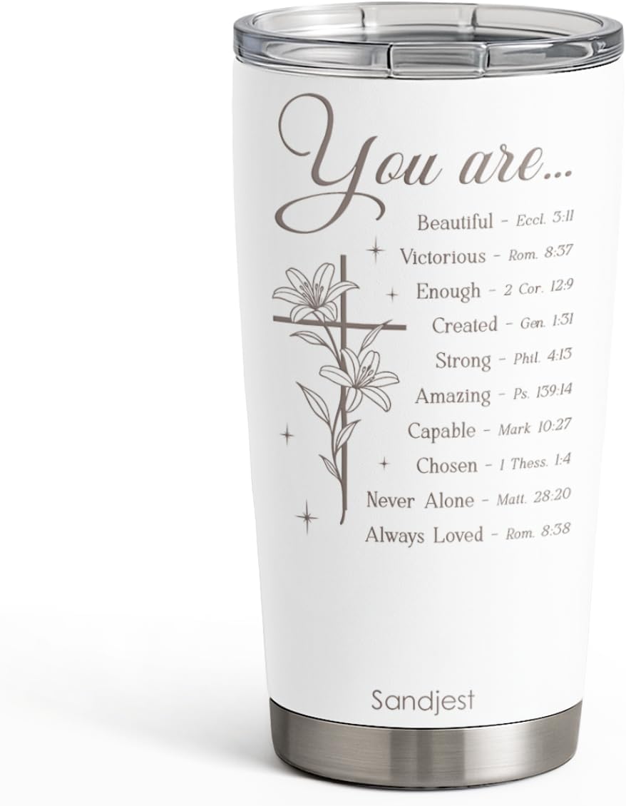 SANDJEST Christian Tumbler 20oz, Stainless Steel Travel Cup with Lid, You are Insulated Coffee Mug, Christian Gifts for Women Girls Friends Sisters on Birthday Christmas