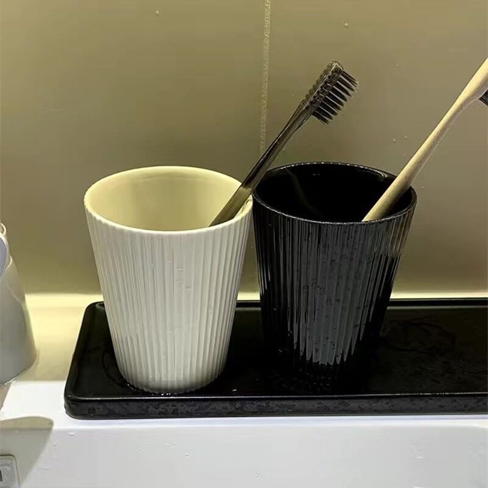 Ceramic Vertical Stripe Toothbrush Cup, Couple Ceramic Toothbrush Cup, Bathroom Tumbler, Striped Ceramic Coffee Mug, Drinking Cup (Black)