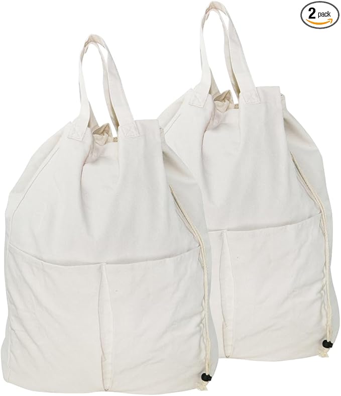 Pack of 2, 100% Breathable Cotton Canvas Laundry Backpack with Drawstring Closure, Laundry Bags with Shoulder Straps & 2 Handles, Washable in Machine & Dryer