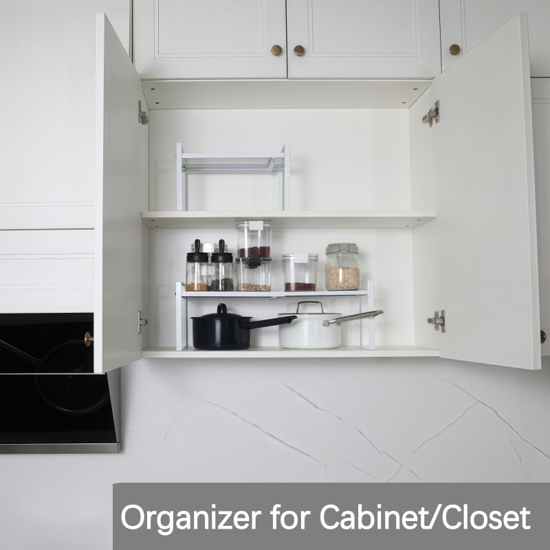 Expandable Cabinet Shelf Organizer Riser for Kitchen Pantry Cupboard Under Sink Countertop (white, 8.2’’D * 12.2-21.6’’W * 7.7’’H)