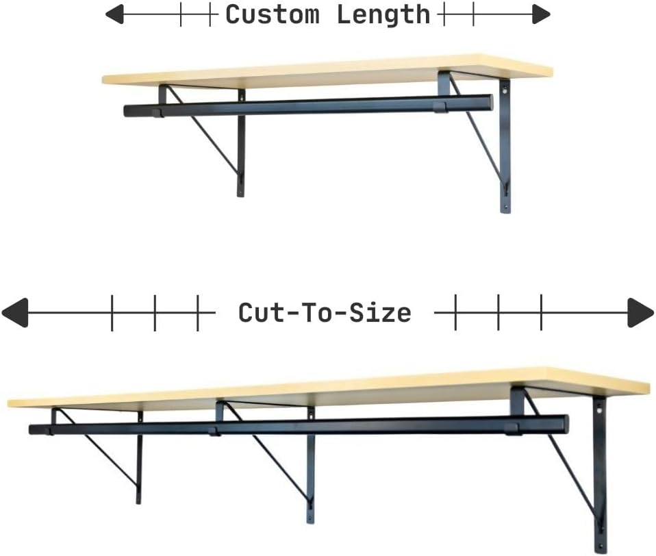Custom Cut-to-Size Premium Wall-Mounted Shelf with Rod and Bracket Kit. 3/4" Thick Shelves, 14 inches deep. Customize The Length from 16" up to 72".
