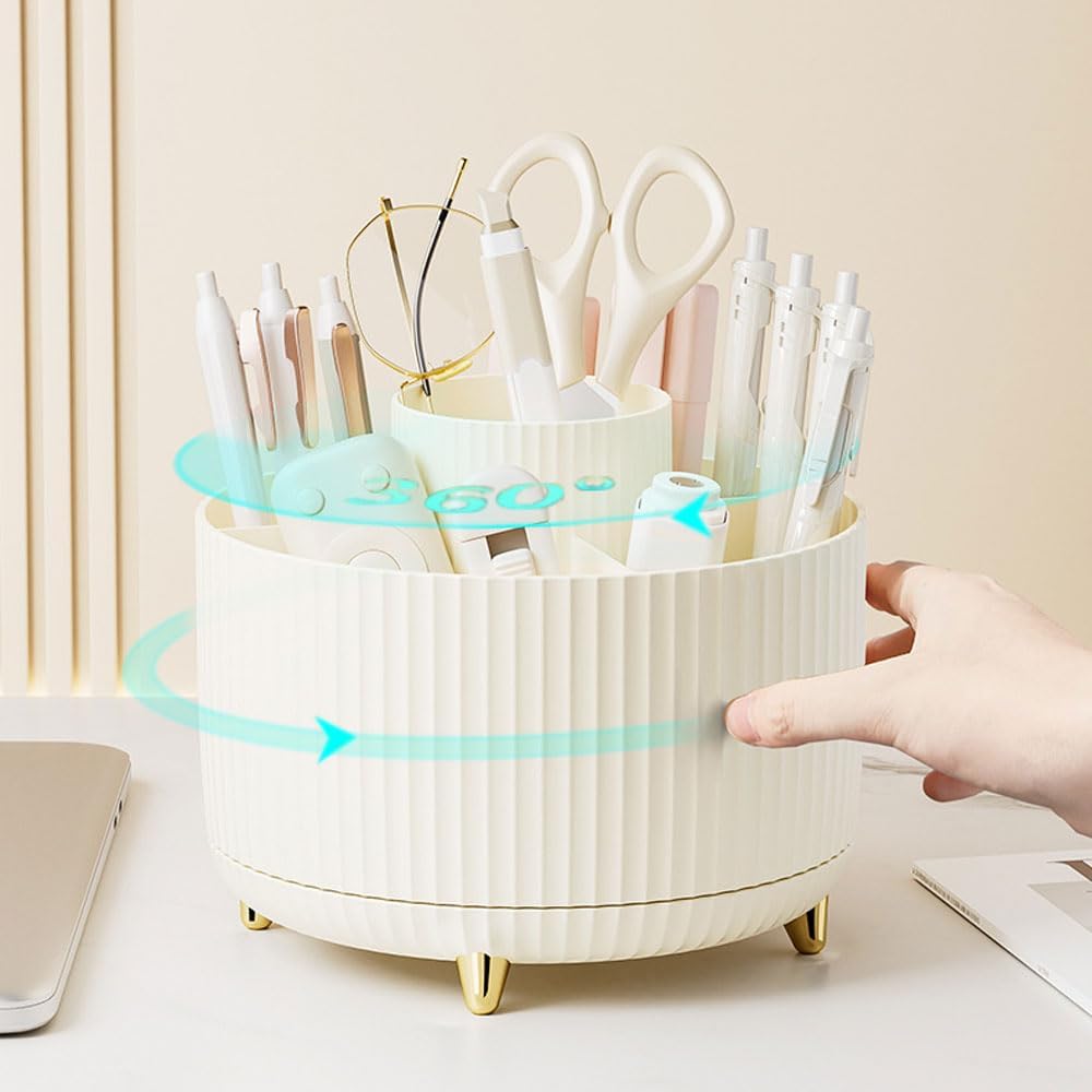 Desk Organizers and Accessories Set with 360-Degree Rotating Pen Holder, Acrylic Stapler, Tape Holder, Staple Remover, Binder/Paper Clips Kit, Scissor and 1 Box of Staples