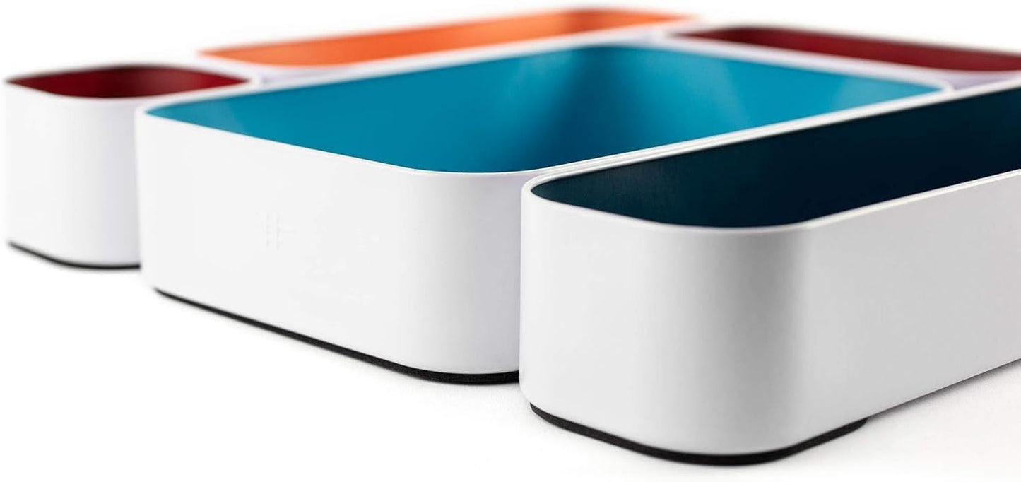 Three by Three Seattle 5 Piece Metal Organizer Tray Set for Storing Makeup, Stationery, Utensils, and More in Office Desk, Kitchen and Bathroom Drawers (2 Inch, Assorted Blue Berry and Sunset)