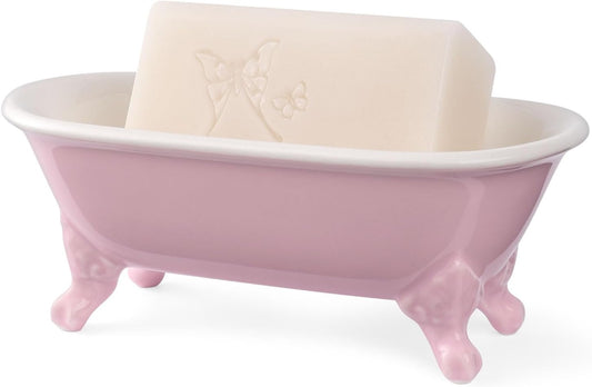 6.5" Ceramic Mini Decorative Clawfoot Bathtub Bar Soap Dish, Kitchen Sponge Holder and Shower Tray for Bathroom, 1 Pack (Pink)