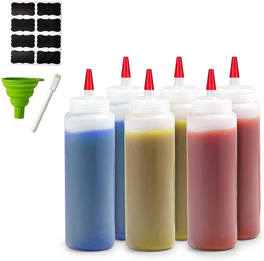 6-Pack Condiment Squeeze Bottles for Sauces - Includes Funnel, Erasable Marker & Reusable Labels, Perfect for Salad Dressings, Liquids, and Ketchup, Durable Plastic 12 oz Bottles