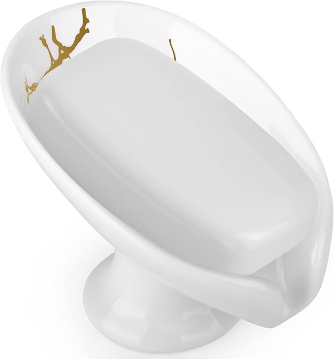 Soap Dish for Shower Ceramic Soap Holder Self Draining Leaf Shape Bar Soap Tray, Marble Pattern White Drain Soap Dish Holder for Bathroom,Easy Cleaning Keep Soap Dry