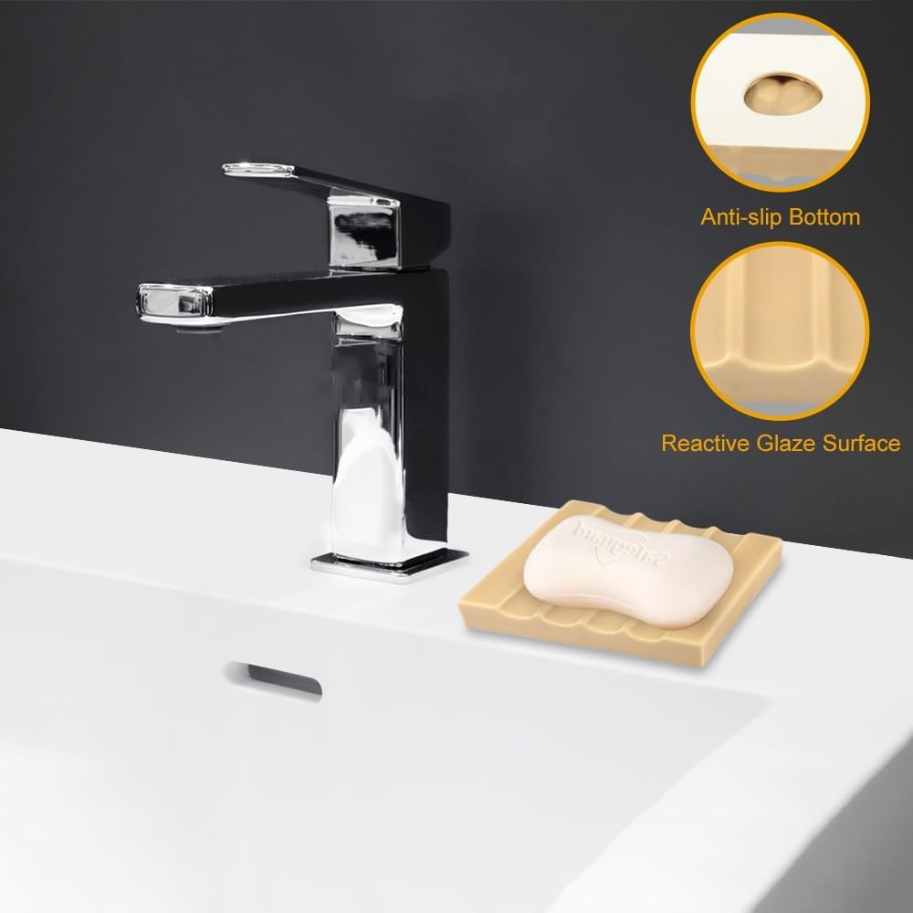 Soap Dish for Bathroom Sink and Shower Ceramic Soap Tray, Small Bar Soap Holder with Drainage Non-Slip Luxury Bathroom Decor Accessories (Khaki)