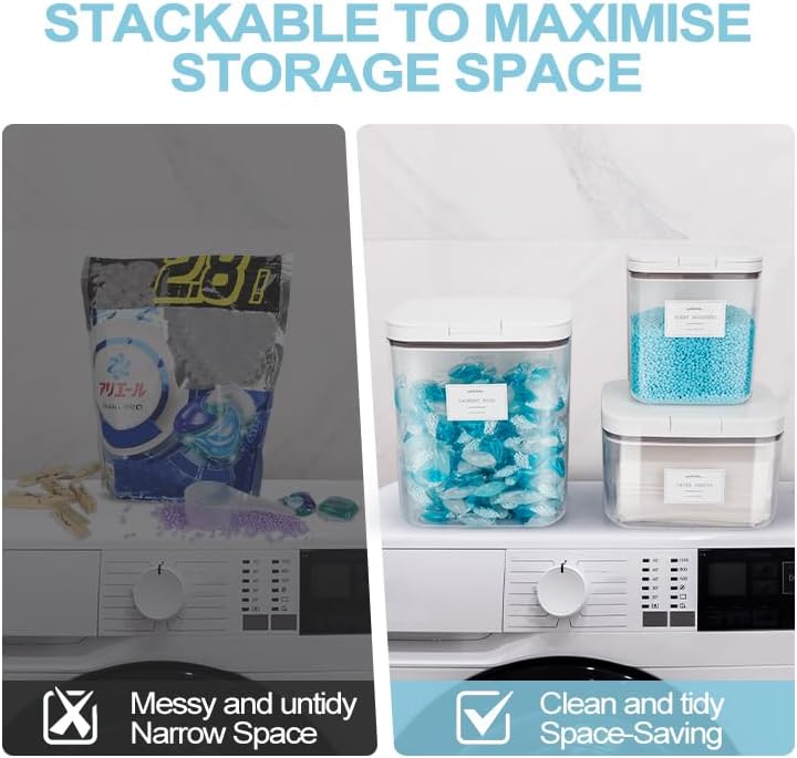 3 Pack Laundry Powder Containers & Dryer Sheet Holder with Lids & Labels - Airtight Laundry Room Organization and Storage Jars for Pods, Scent Beads, Balls, Detergent