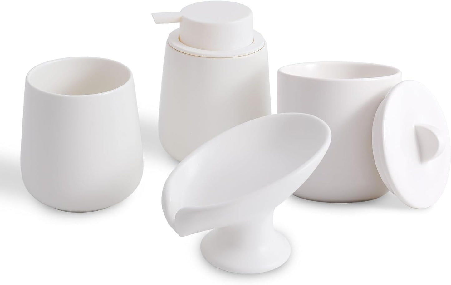 Ceramic Bathroom Accessories Set,Includes Liquid Soap Dispenser, Toothbrush Holder, Soap Dish, Cotton Swab Jar,Bathroom soap and Toothbrush Holder Set,Classic Design(White Set - Liquid)