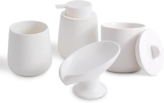 Ceramic Bathroom Accessories Set,Includes Liquid Soap Dispenser, Toothbrush Holder, Soap Dish, Cotton Swab Jar,Bathroom soap and Toothbrush Holder Set,Classic Design(White Set - Liquid)