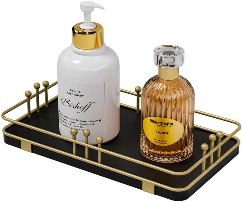 Bathroom Vanity Tray for Toiletries Makeup Perfume Candle Toilet Tank, Kitchen Tray for Soap Dispenser Spice Salt, Small Tray for Countertop Decor Coffee Nightstand 7.9”x4.4” Black-Gold