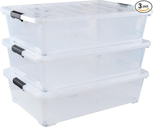 Zopnny 50 Quart Large Underbed Storage Bins with Lids, Plastic Under Bed Storage Containers, Clear, 3 Packs