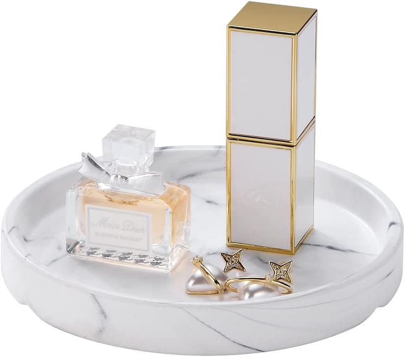 Elegant Marbled Round Jewelry Dish Key Holder, White Ceramic Vanity Tray Bathroom Organizer for Soap Perfume Candle Small Plant, Mini Dresser Organizer Home Decor(Grey Striped, Circular, 4.7")