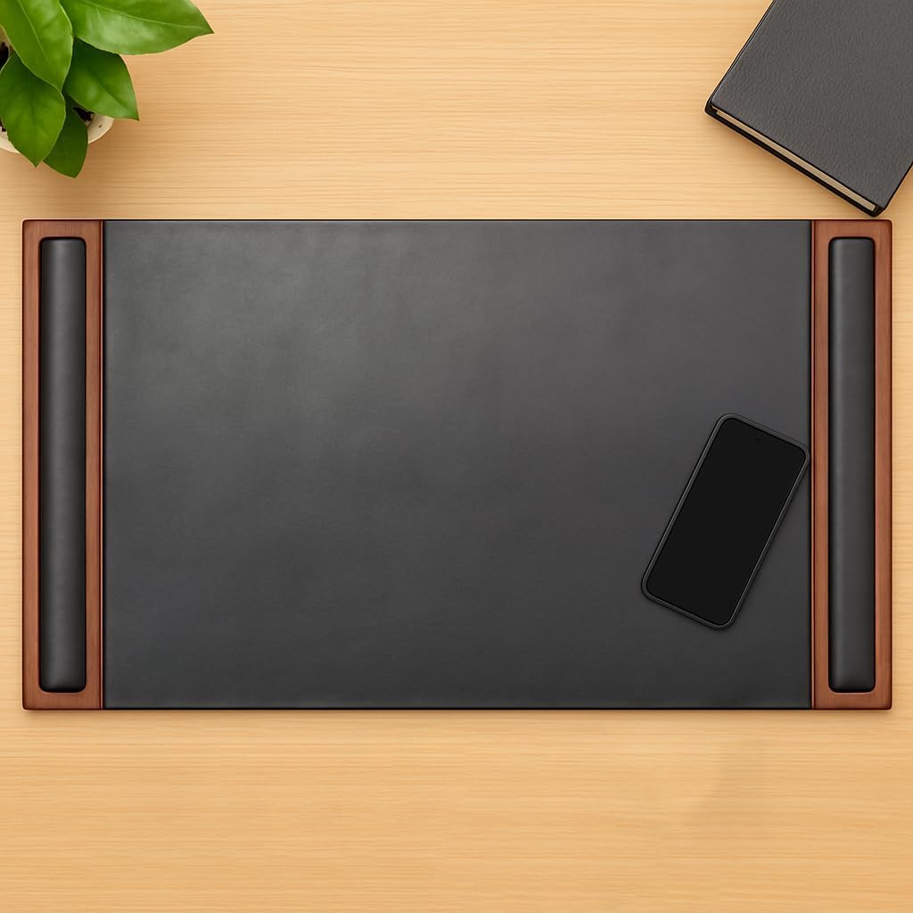 Walnut & Black Leather 34" x 20" Side-Rail Desk Pad