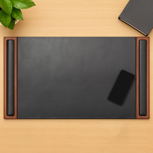 Walnut & Black Leather 34" x 20" Side-Rail Desk Pad