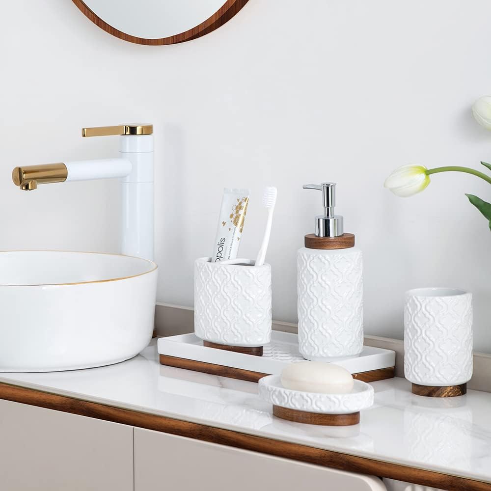 Bathroom Accessories Set 6 Pcs Ceramic Wooden Bathroom Set with Soap Dispenser Toothbrush Holder Tray Tumbler Soap Dish Trash Can（White）