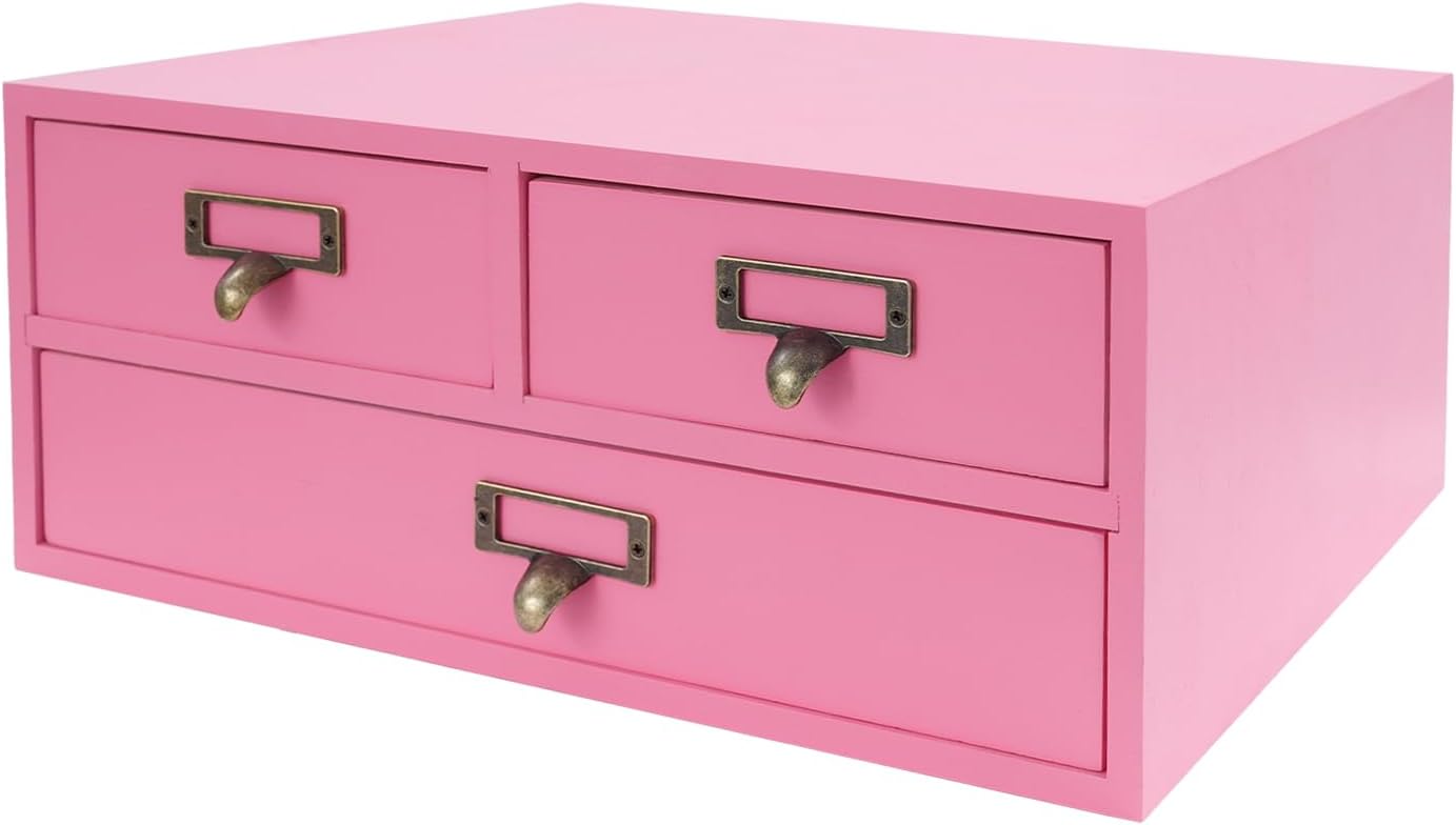 4-Piece Desktop Organizer Set with 3 Drawers, Wood & Metal Drawer Storage, Wooden Desktop Organizer for Store Cosmetics, Jewelry, Letters, Papers, Tea Bags, Sugar Packets (Pinck)