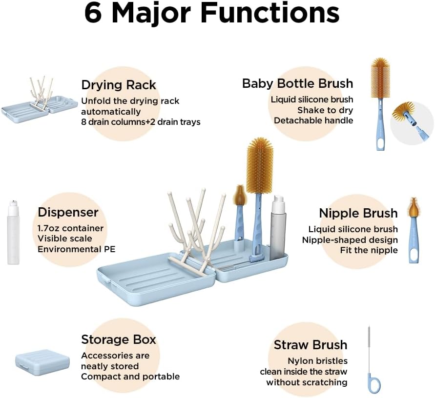 Travel Bottle Brush with Portable Bottle Drying Rack, Baby Bottle Brush for Baby Travel Essential, Blue