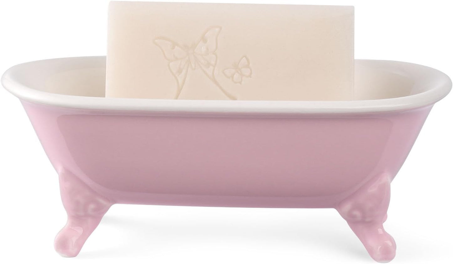 6.5" Ceramic Mini Decorative Clawfoot Bathtub Bar Soap Dish, Kitchen Sponge Holder and Shower Tray for Bathroom, 1 Pack (Pink)