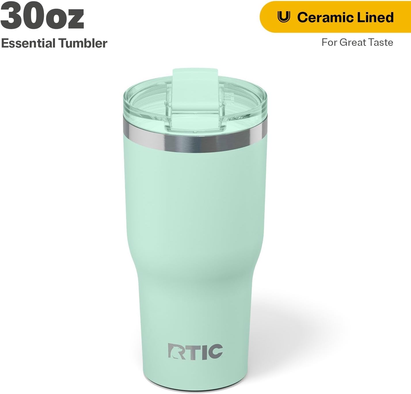RTIC 30oz Essential Tumbler with Lid, Ceramic Lined, Insulated, Stainless Steel, Metal, Double Wall Vacuum-Insulation, Travel Cup for Iced Coffee, Tea, Hot and Cold Drink, Fresh Mint