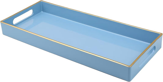 Blue Bathroom Vanity Tray for Countertop, Small Plastic Toilet Tank Versatile Storage & Organization Tray for Makeup, Perfume, Desk, Kitchen, Candles, 13.7"x6"x1.4", 35BL