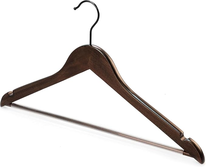 TOPIA HANGER Heavy Duty Wood Coat Hangers in Smooth Retro Finish, Boutique Quality Wooden Suit Hangers-Non-Slip Rubber Pants Bar and Smoothly Cut Notches-360° Rotating Black Hook-30 Pack, CT04A30