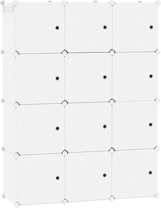 C&AHOME Cube Storage Organizer with Doors, 12-Cube Shelves, Closet Cabinet, DIY Plastic Modular Bookshelf Ideal for Bedroom, Living Room, 36.6”L x 12.4”W x 48.4”H Milky USHS3012M-DOOR