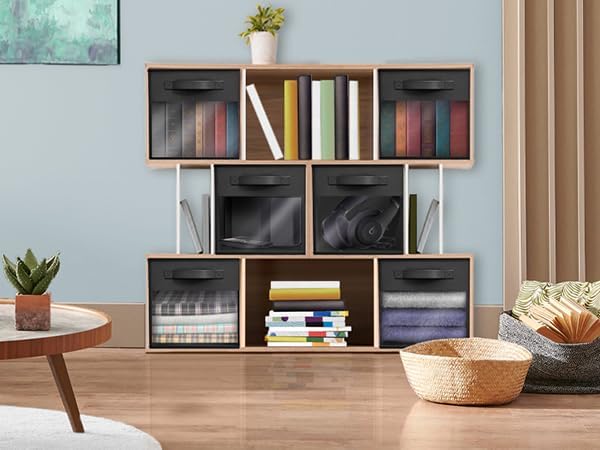 Sorbus 11 Inch Storage Bins with Clear Window - 6 Foldable Baskets for Organizing Clothes, Toys, Books - Sturdy Collapsible Fabric Storage Cubes with Handle - Storage Baskets for Shelves, Closets