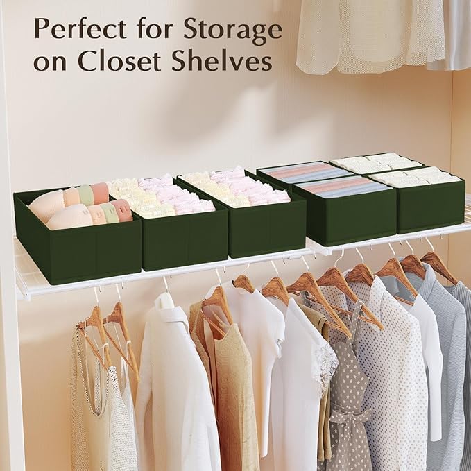 DIMJ Drawer Organizers Clothes, Set of 12 Dresser Organizer Bins, Fabric Closet Organizers and Storage, Shallow Drawer Dividers for Nursery, Clothing, Baby Clothes, Socks, Underwears, Tie (Green)