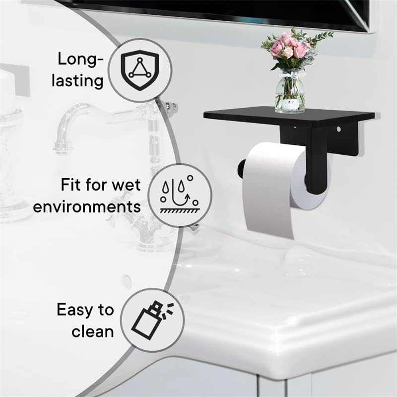 Toilet Paper Holder with Natural Marble Shelf for Bathroom Washroom,Wall Mounted Tissue Holder Suitable for Mega Roll (Middle 7.87 * 4.72 in, Black)