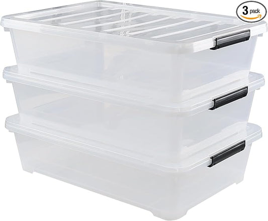 Gloreen 3-Packs Plastic Underbed Storage Bins with Lids, 40 Quart Latch Storage Box