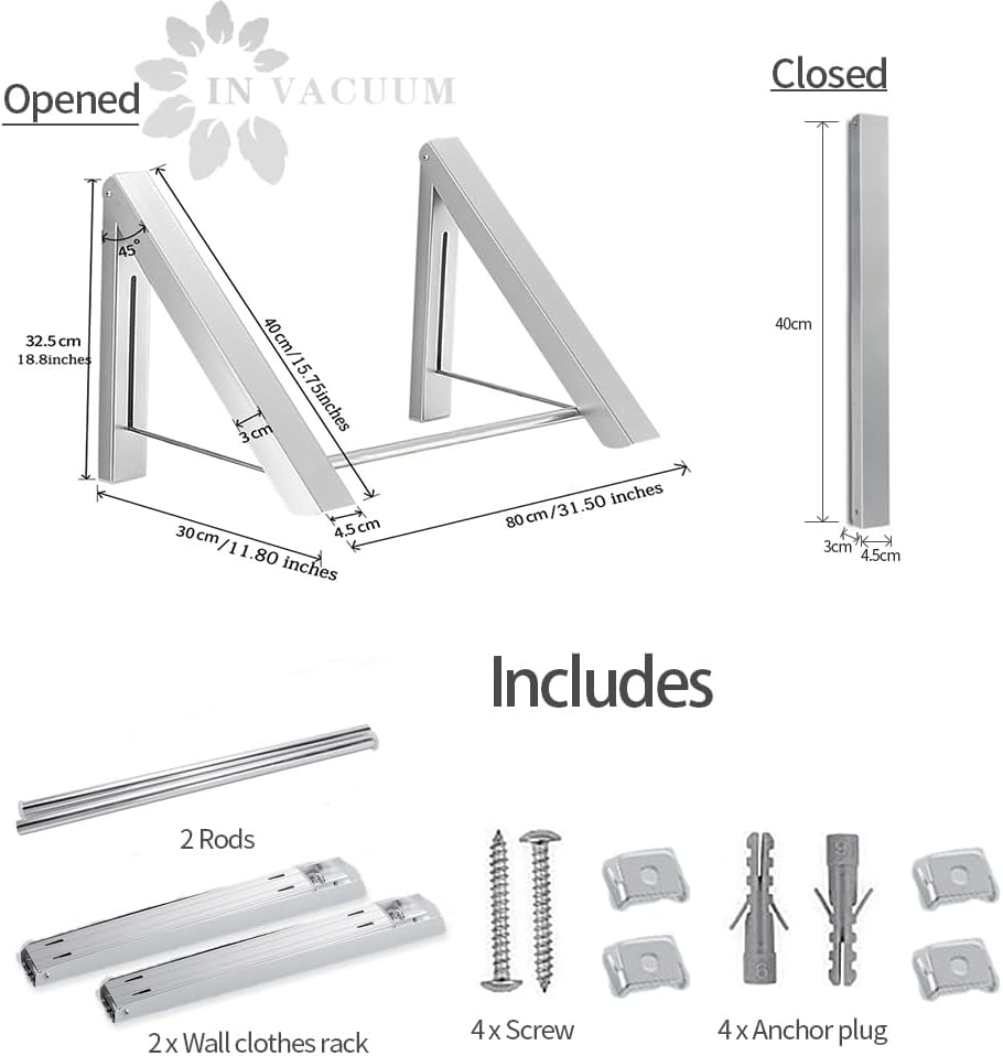 IN VACUUM Clothes Drying Rack Folding Indoor, Folding Drying Racks for Laundry Room Closet Storage Organization, Aluminum, Easy Installation (2 Racks with Rod, Sliver)