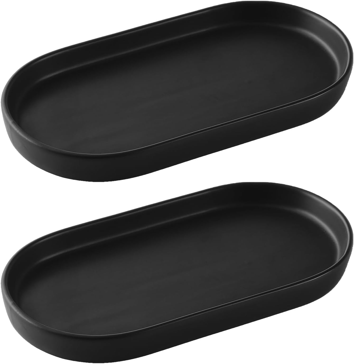 2 Pack Matte Black Round Soap Dispenser Tray - 8'' Ceramic Vanity Tray & Organizer Plate Set, Bathroom & Kitchen Countertop Decor for Soap Dispenser, Jewelry, Cosmetics, Sink