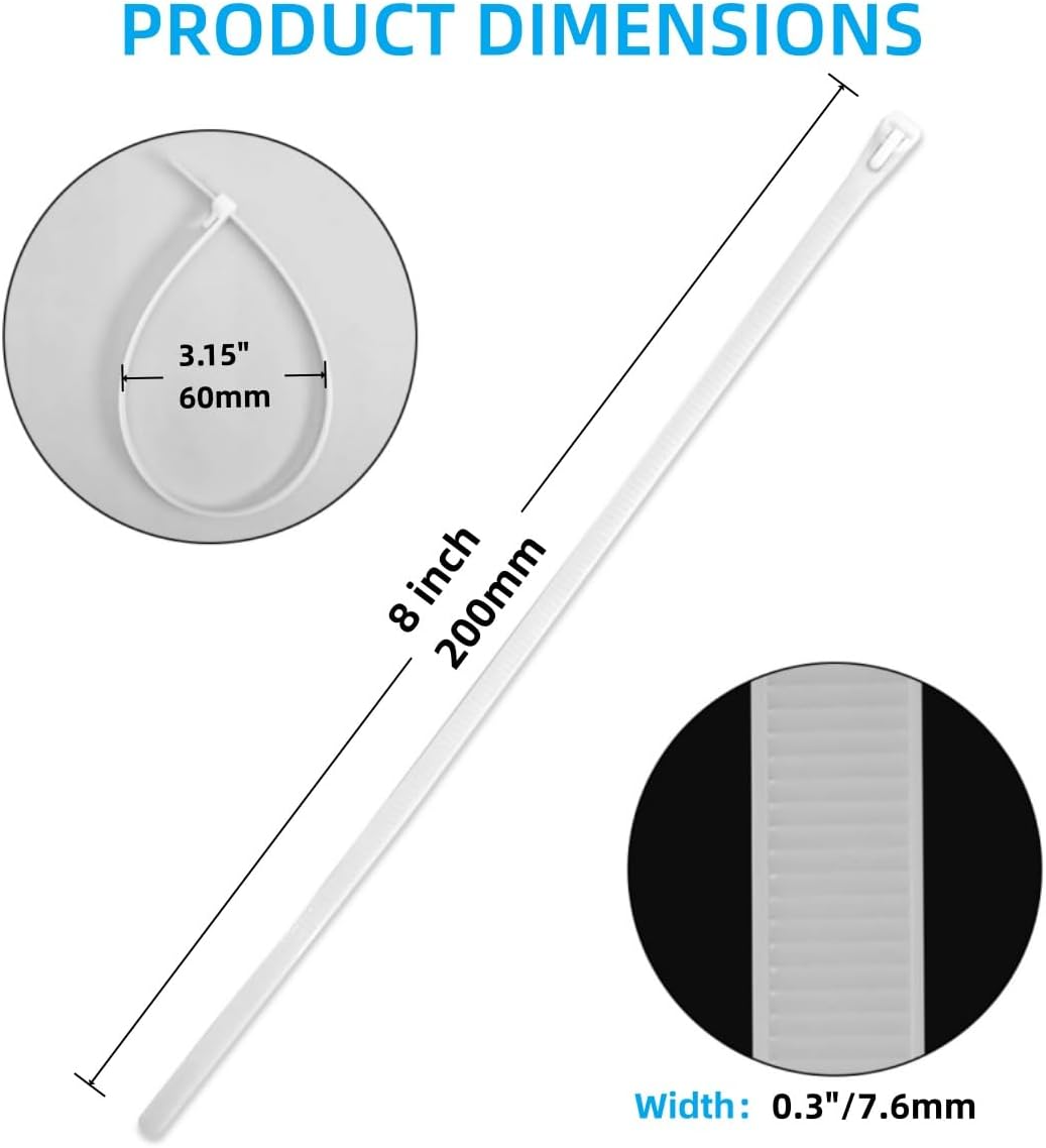 250 PCS 8 Inch Self-Locking Reusable Cable Ties White – Adjustable Nylon Zip Ties, 55 LBS Strength for Home, Office, Wires & Cord Organization (Indoor/Outdoor)
