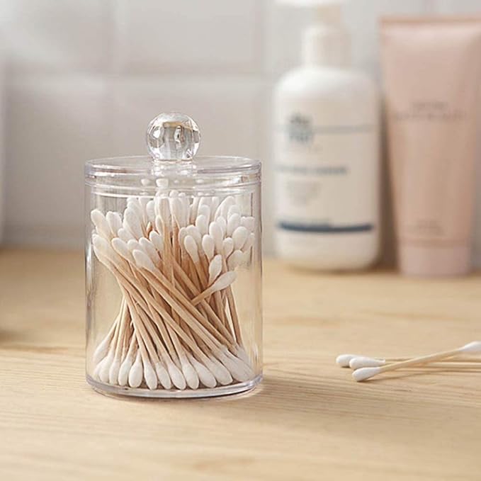 AXX Qtip Dispenser Apothecary Jars Bathroom - Qtip Holder Storage Canister Clear Plastic Jar for Cotton Swab,Q-Tips,Cotton Rounds (E#Clear 4Pcs)