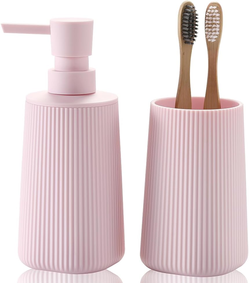 Bathroom Accessories 2 Piece Soap Dispenser and Toothbrush Holder Set Striped Light Pink
