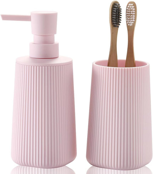 Bathroom Accessories 2 Piece Soap Dispenser and Toothbrush Holder Set Striped Light Pink