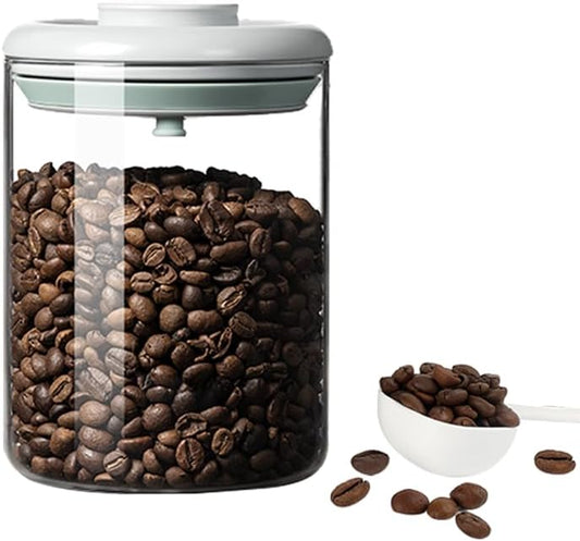 Coffee Container - Kitchen Food Storage Container with One-Way CO2 Valve, Press-on Lid Glass Coffee Canister with Scoop UV Protection for Grounds, Beans, 11 oz Grey