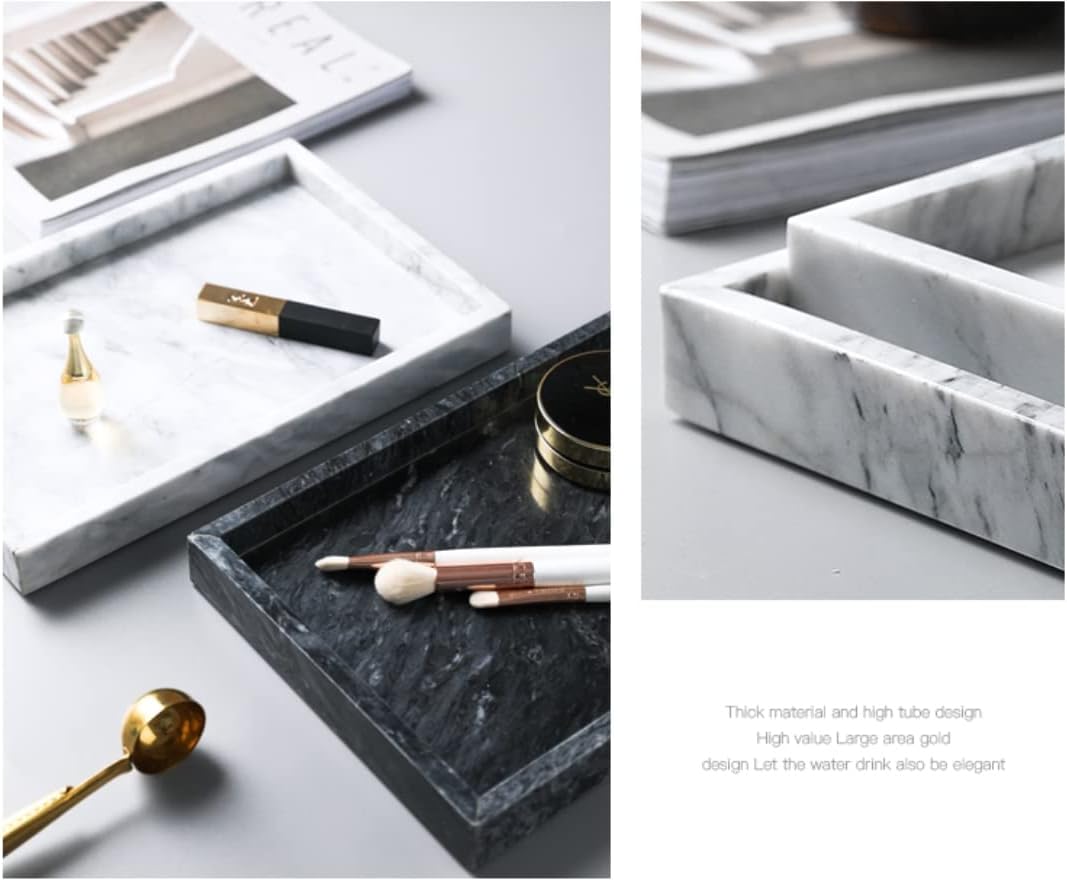 Black Marble Tray, Stone Bathroom Tray, Decorative Holder for Tissrue, Candle, Soap, Towel, Plant (Black - 10 x 6)