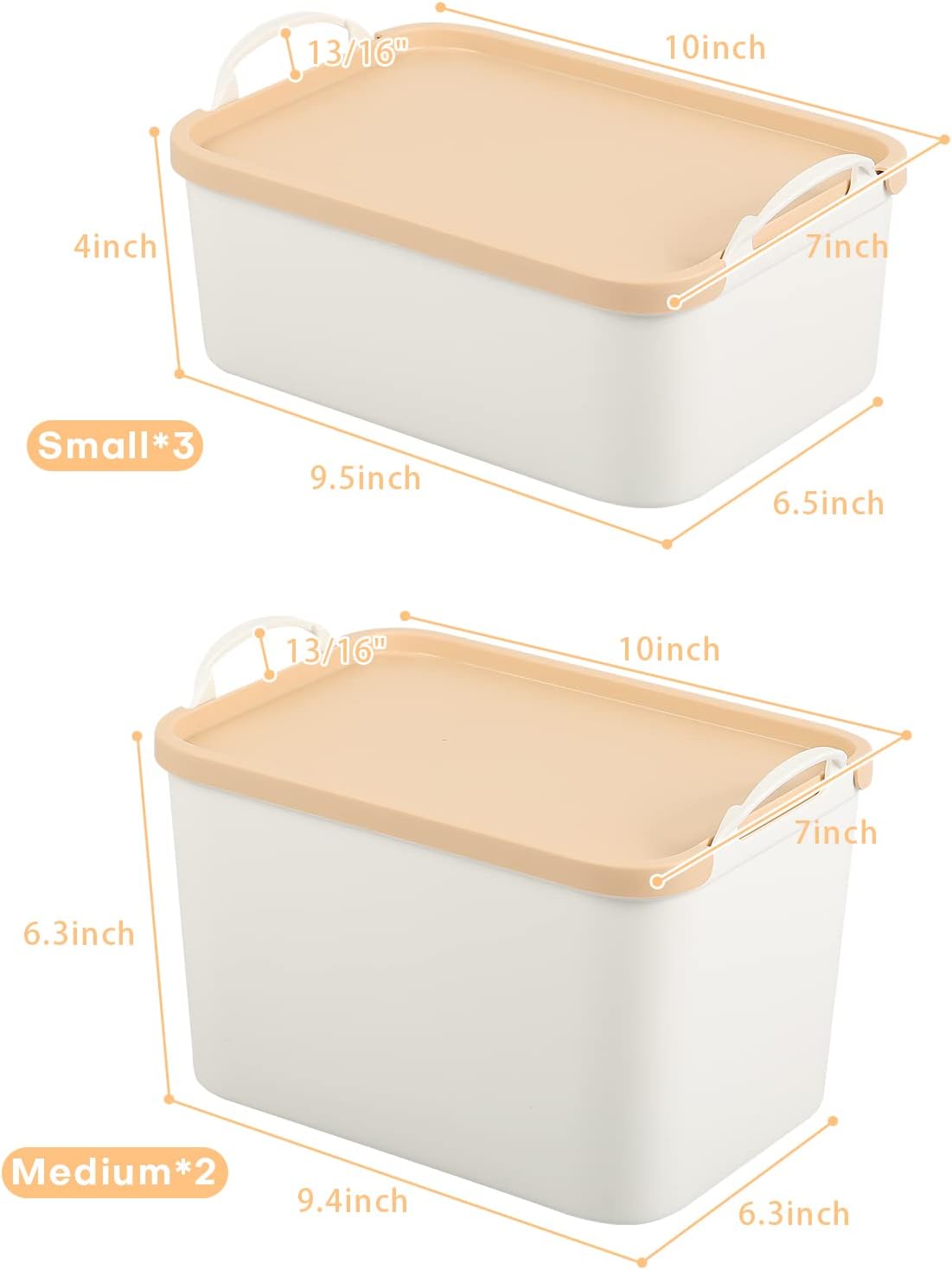 ANMINY 5PCS Plastic Storage Bins Containers with Lids, Large White Storage Organization Bins Boxes, Lidded Plastic Storage Baskets for Closet Shelves Drawers Desktop - 2 Medium 3 Small, Wheat Lids