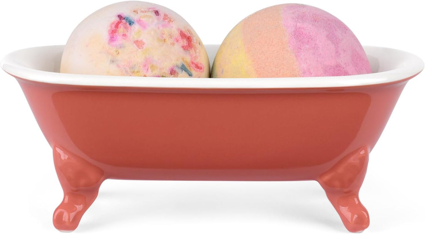 6.5" Ceramic Mini Decorative Clawfoot Bathtub Bar Soap Dish, Kitchen Sponge Holder and Shower Tray for Bathroom, 1 Pack(Coral)